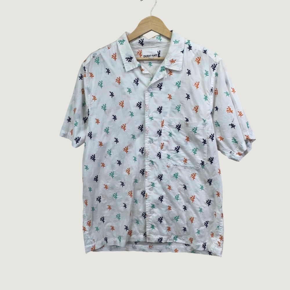 Dushyant Shirt Mens White Embroidered Botanical Short Sleeve Button Down Coastal